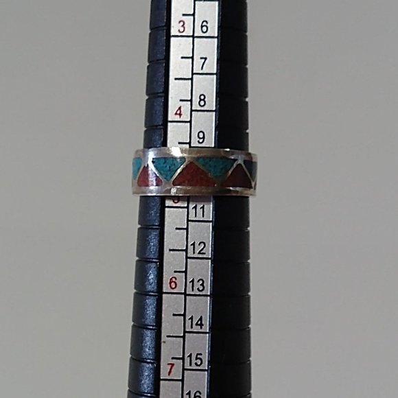 Turquoise Coral Chip Inlay Native American Sterling Silver Ring Size: 3 - Picture 7 of 10